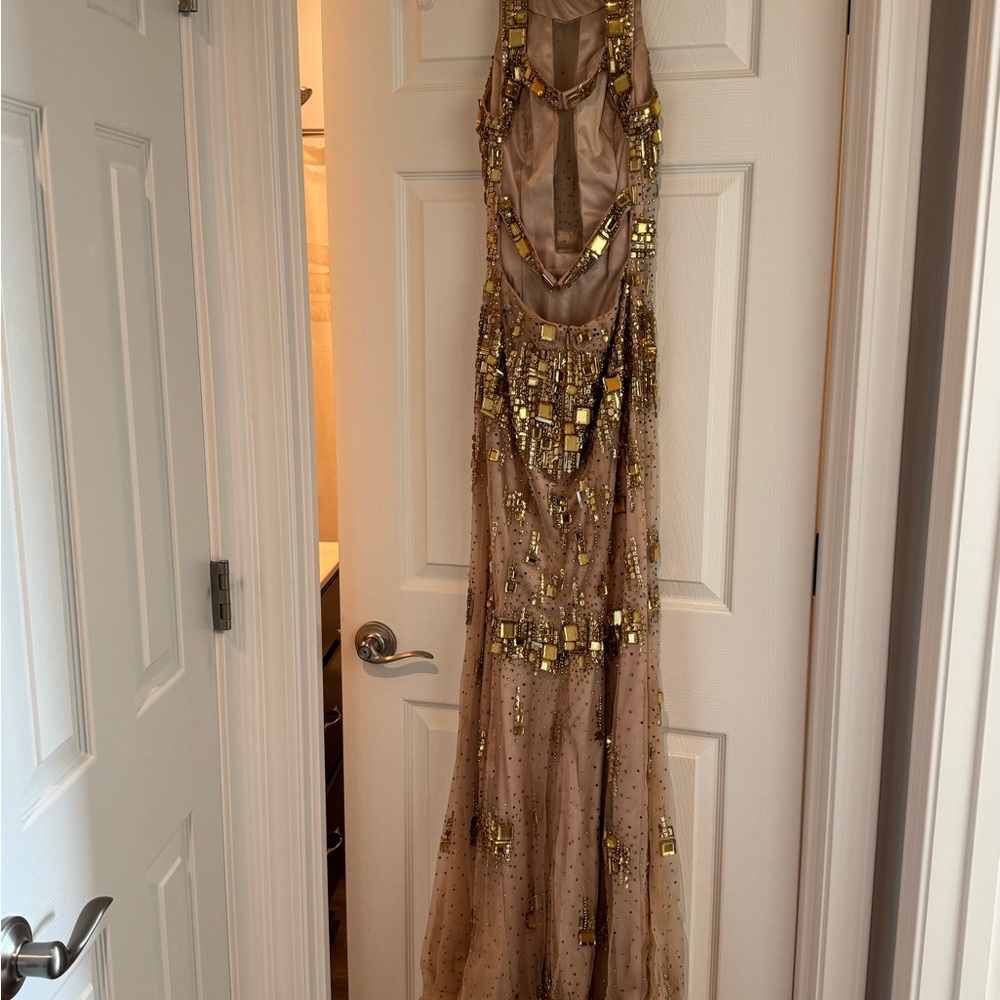 Sherri Hill Gold Embellished Cut Out Gown for Prom
